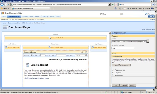 Configuring the Reporting Web Part within the Dashboard