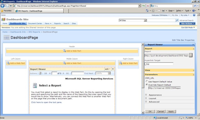 Configuring the Web Part to show the Report with specific Parameters