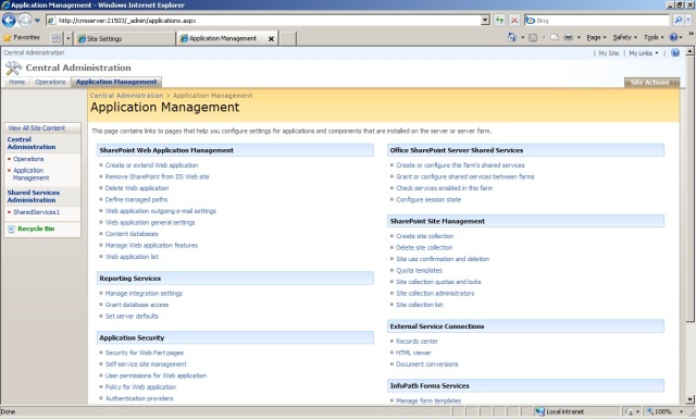 SharePoint Central Administration - Application Management