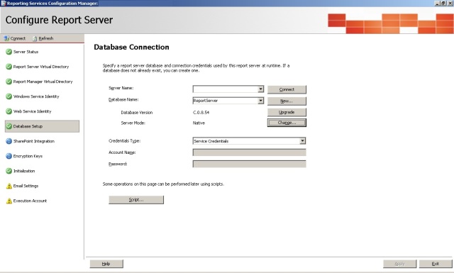 Reporting Services Configuration - Database Setup